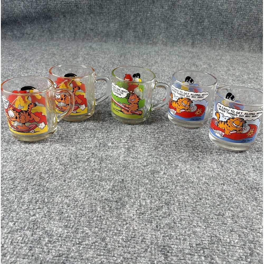 Vintage 1978-1980 McDonalds Garfield Glass Coffee Mugs Set of 5 Jim Davis Odie